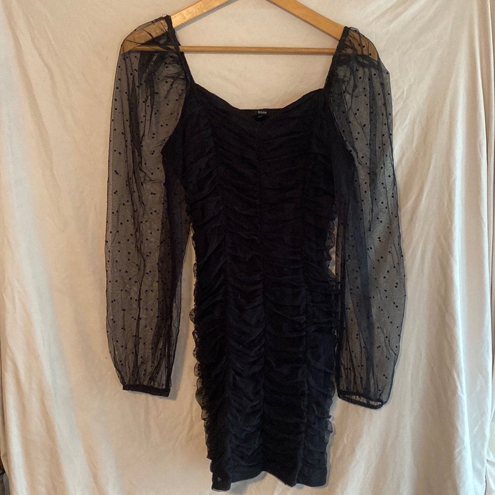 Black Long-sleeve Polka Dot Dress